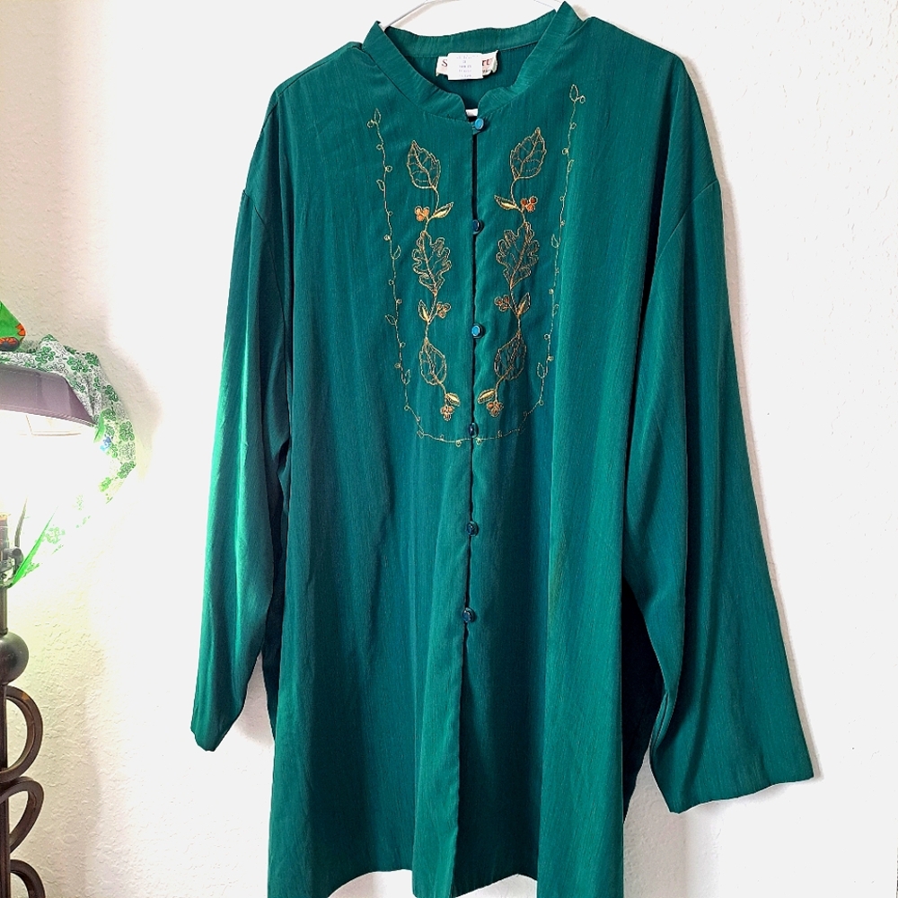Green Gold Embroidered Button Down Long Sleeve Blouse Womens 3X S.G. Sport